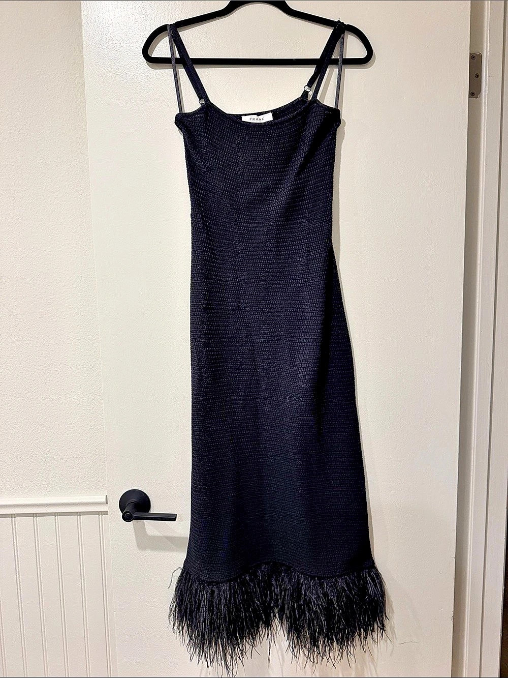 FRAME Feather Trim Sleeveless Crochet Midi Dress Black